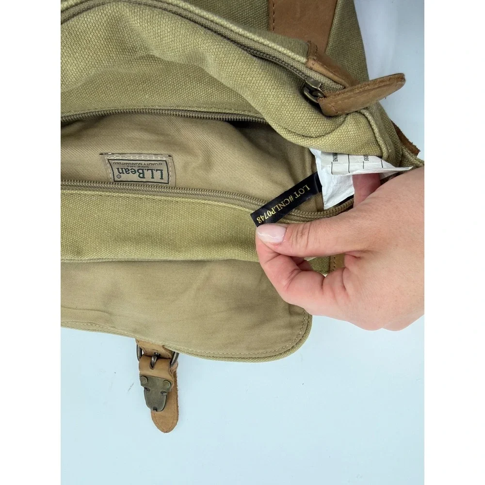 LL Bean Canvas Messenger Bag Olive Green Leather Trim Crossbody Field Bag Vtg